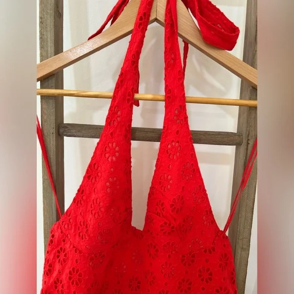 Free People Embroidered Halter Trevi Eyelet Mini Dress Red Women M NWT Boho - Picture 4 of 9